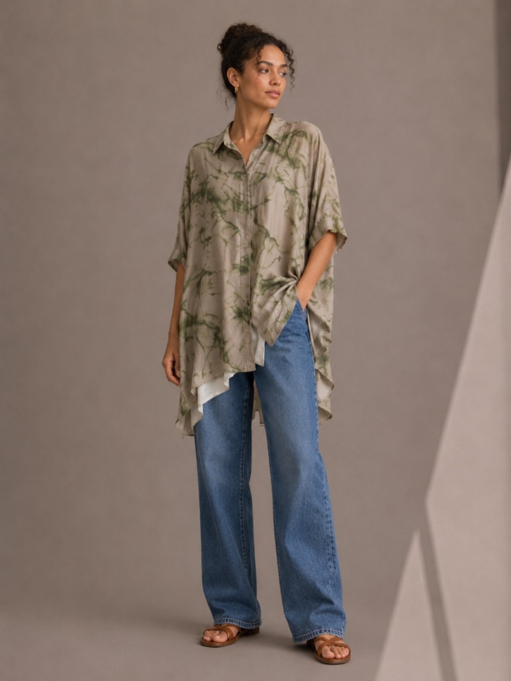 Oversized Tie Dye Button Up Shirt Green Earthy Abstract Pattern Blouse NWT